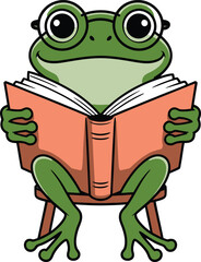 A charming cartoon illustration of a green frog wearing round glasses sitting on a stool and engrossed in reading an open orange book with a white background