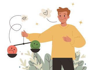 Young Man Balancing Positive and Negative Emotions