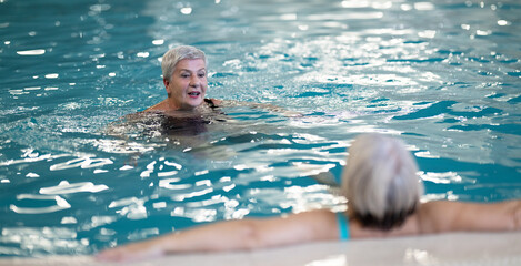 Two smiling senior women enjoying leisure time in an indoor swimming pool, leaning on the poolside. Concept of friendship, wellness, active lifestyle, relaxation, and healthy aging.