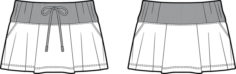 Girls pleated active skort with elastic waistband and drawcord pockets technical flat front and back template for sewing, cad drawing flat vector illustration