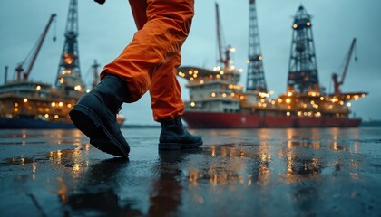 Worker in orange uniform walks on wet ground near industrial oil rig ships. Large offshore platforms with lights illuminate background at twilight. Energy production, drilling work, heavy industry