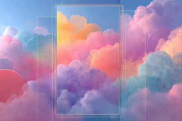 Vibrant gradient clouds with geometric frames against a pastel sky for creative design