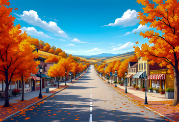 A quiet small town street stretches between colorful autumn trees and charming shops under a bright blue sky fallen orange leaves cover the sidewalk creating a peaceful scenic view
