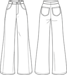 High waist wide leg jeans CAD drawing, flat vector technical fashion illustration with front and back view, denim pants design template