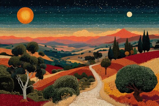 Vibrant landscape with rolling hills and a winding path under a colorful sunset sky