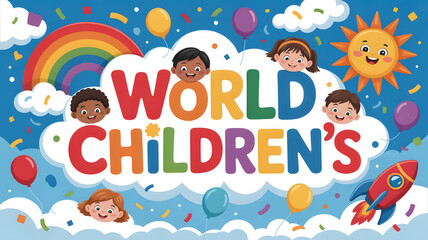 Cheerful children's day celebration with rainbow and rocket isolated on a transparent background kids