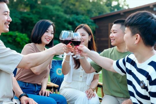 Group of Asian young adults sitting outdoors clinking wine glasses celebrating together smiling and enjoying social gathering with friends in backyard setting during daytime