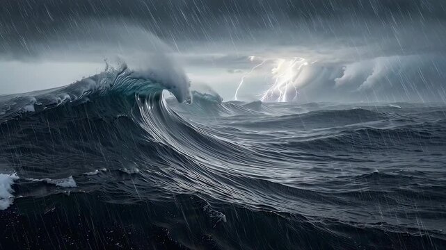 This intense video showcases a powerful ocean scene, where towering waves clash against a backdrop of dark storm clouds and lightning, highlighting the raw beauty of nature's fury. 