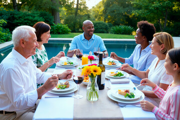 Group of middle aged and senior multiethnic men and women sitting outdoors by pool enjoying meal together, smiling and talking, plates of food and drinks on table, greenery in background