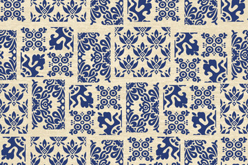 Traditional Ikat Pattern featuring geometric motifs in Blue and Rust on Cream Background. Ethnic-inspired textile design blends cultural artistry with modern minimalism, ideal for apparel, home decor © supachai