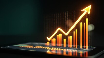 Digital glowing orange growth chart with an upward arrow on a tablet screen, symbolizing business success, financial progress, and data analysis. - Powered by Adobe