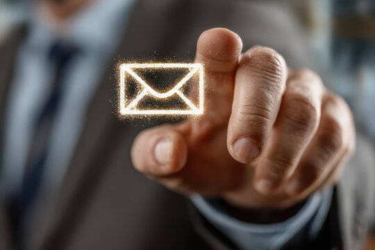 Businessman pointing at glowing email icon in office background, illustrating digital communication concept