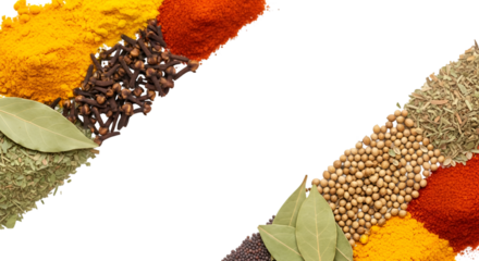 A corner frame of colorful ground spices and whole herbs (coriander, cloves, mustard seeds, turmeric, chili powder, bay leaves) arranged diagonally on a white surface, leaving central space empty.