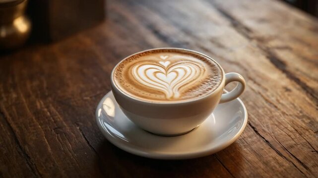 Macro dolly shot of latte art forming with gentle steam