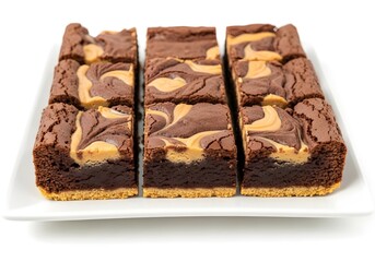 Square pieces of rich chocolate brownies with visible peanut butter swirls and a graham cracker crust base, arranged neatly on white plate, isolated on white background.