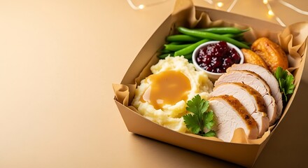 Thanksgiving meal with turkey, mashed potatoes, and green beans  