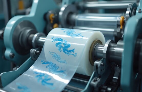 Roll of plastic film with blue ornate print on automated printing machine. Material for packaging production in modern factory. Industrial manufacturing line for tapes and labels.