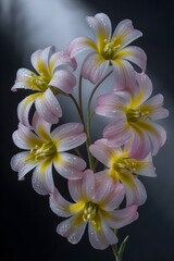 Fototapeta premium Spiral Arrangement of Pink and Yellow Rain Lilies with Water Drops on Dark Studio Background, Close-up Macro