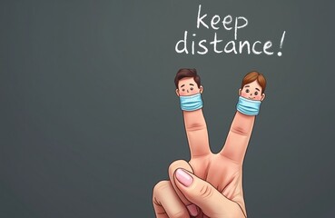 Fingers wear blue face mask, show social distance at COVID pandemic. Keep distance lettering above hand gesture. Virus infection protection precaution. People, health care concept creative banner ad.