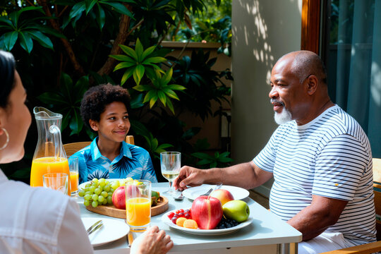 Caucasian woman, Black boy, senior Black man sitting outdoors at table sharing meal with fruit and orange juice, senior man engaging in conversation with smiling boy - Powered by Adobe