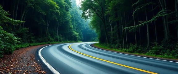 Fototapeta premium Deep forest green textured asphalt road, curving into distance, way, background texture
