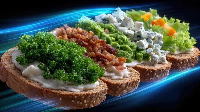 Three open-faced sandwiches showcase a variety of fresh toppings, including greens, bacon, and cheeses. Each slice of bread is visually appealing, enhanced by dynamic colors and textures