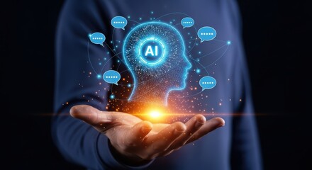 Human Hand Holding Digital Brain with AI Text and Neural Network Hologram. Concept of Artificial Intelligence, Thinking Process, Data Analysis, and Futuristic Technology.