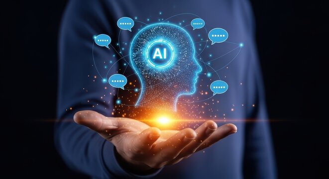 Human Hand Holding Digital Brain with AI Text and Neural Network Hologram. Concept of Artificial Intelligence, Thinking Process, Data Analysis, and Futuristic Technology.