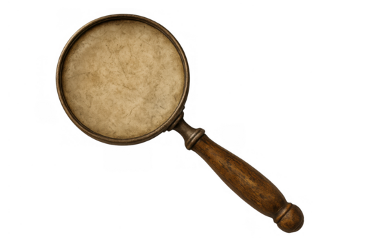 Antique magnifying glass featuring a worn brass frame and wooden handle, representing detailed examination and historical exploration