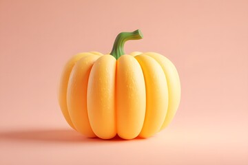 Soft yellow pumpkin with a green stem on a pastel pink background for fall season