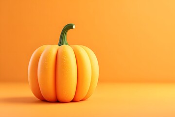 Bright orange pumpkin with a green stem on a matching orange background scene