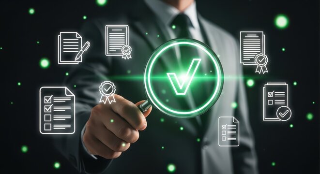 Businessman Holding Magnifying Glass to Magnify Green Check Mark Icon Surrounded by Document Icons. Concept of Quality Assurance, Audit, Compliance, and Successful Verification Process.