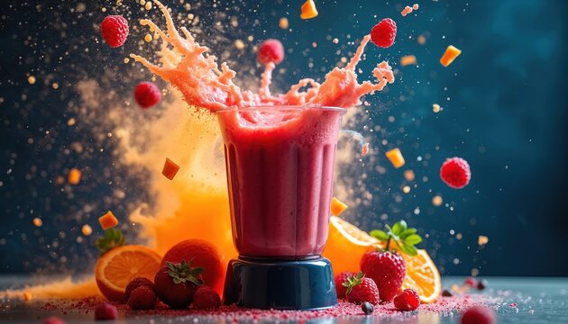 Blender bursting with smoothie ingredients. Red smoothie explodes in air. Raspberries strawberries and oranges fly. Fresh fruit juice. Healthy eco food concept. Vitamins food art.
