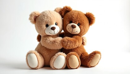 Obraz premium Two plush teddy bears hug together on white background. Cute toys share affection, showing friendship and love. Perfect for Valentine Day or child room decor.