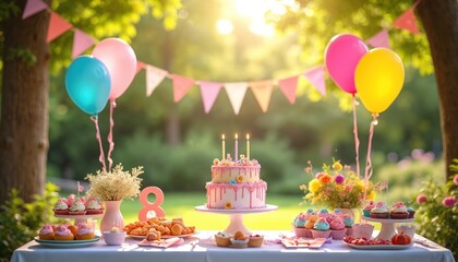 Outdoor birthday party setup with festive bunting, balloons, and a cake with lit candles. Table displays cupcakes and snacks, celebrating a childs special day in garden.