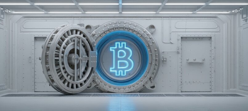 Steel vault door with pulsing blue Bitcoin symbol glow