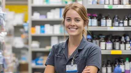 Smiling pharmacy technician assisting customers in a well-stocked pharmacy during daytime hours