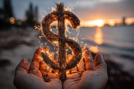Hands hold a glowing dollar sign made of twine and sparks at sunset on the beach - Powered by Adobe