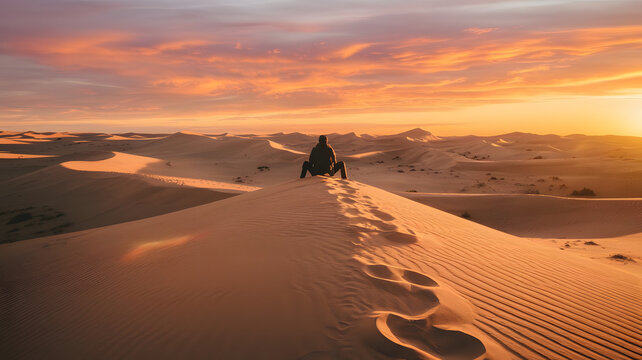Person Sitting on Desert Dune Meditating at Sunset