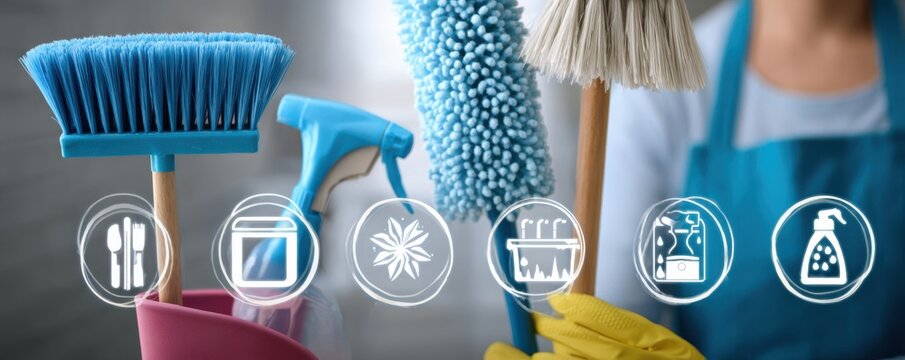 Cleaning tools and supplies held by a worker in a blue apron for home cleaning
