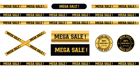 luxury golden black mega sale banners set with shiny metallic gradients, ribbons, and round labels for discount promotions, advertising templates, and marketing design