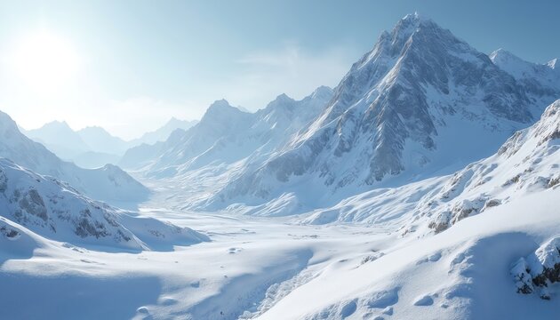 Snow covered mountain range with icy peaks and serene landscape. Snowy hills and valley below clear blue sky. Snow drifts and peaks in majestic winter scenery.