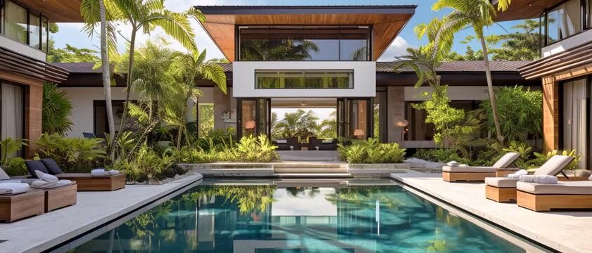 Luxury villa, modern mansion with pool and tropical plants in summer