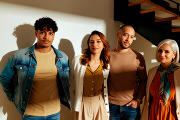 Group of young adult and middle aged multiethnic men and women standing together under sunlight near staircase, looking at camera with neutral expressions, casual business setting