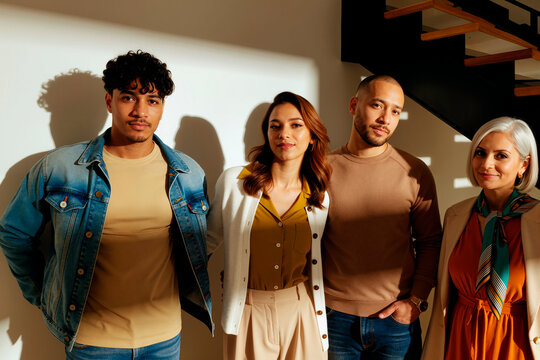 Group of young adult and middle aged multiethnic men and women standing together under sunlight near staircase, looking at camera with neutral expressions, casual business setting