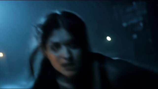 Scared woman escape murderer, adult girl runs away at rainy night, horror and fear concept