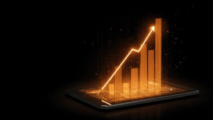 Digital business growth chart with glowing orange bars and upward arrow rising from tablet. Financial success, market trend, data analysis concept. - Powered by Adobe