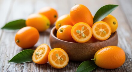 A wooden bowl overflows with fresh kumquats some cut in half revealing their juicy interiors on a rustic wooden surface professional stock photography content