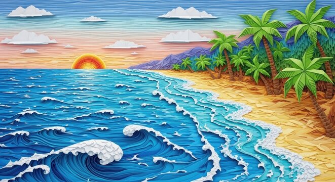 A vibrant tropical beach scene showcases a stunning sunset over the ocean with palm trees and playful waves professional stock photography content