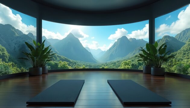 Two black yoga mats on polished wood floor in clean modern studio. Large curved screens show stunning green mountain valley view. Bright blue sky, warm sun, rich potted plants create calm wellness
